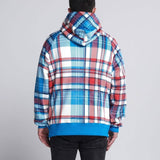 Blauwe en rode geruite menselijke hoodie
