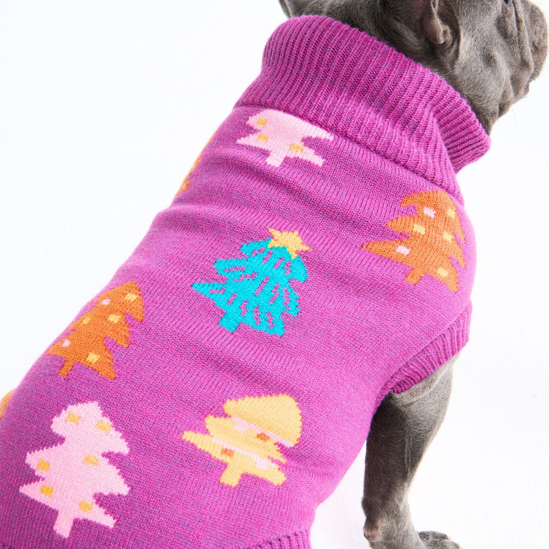Gebreide kersttrui voor honden – Magenta snoepbomen