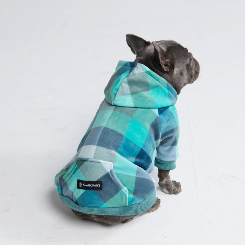 Fluwelen hondenhoodie - Turkoois geruit