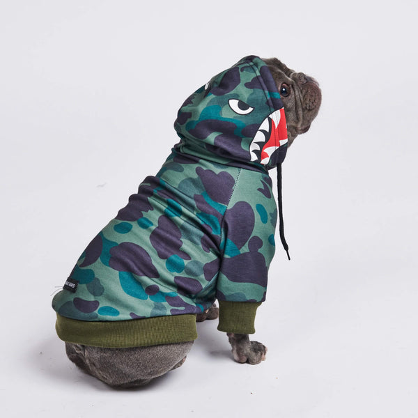 Haai Monster Hond Hoodie - Groene camouflage